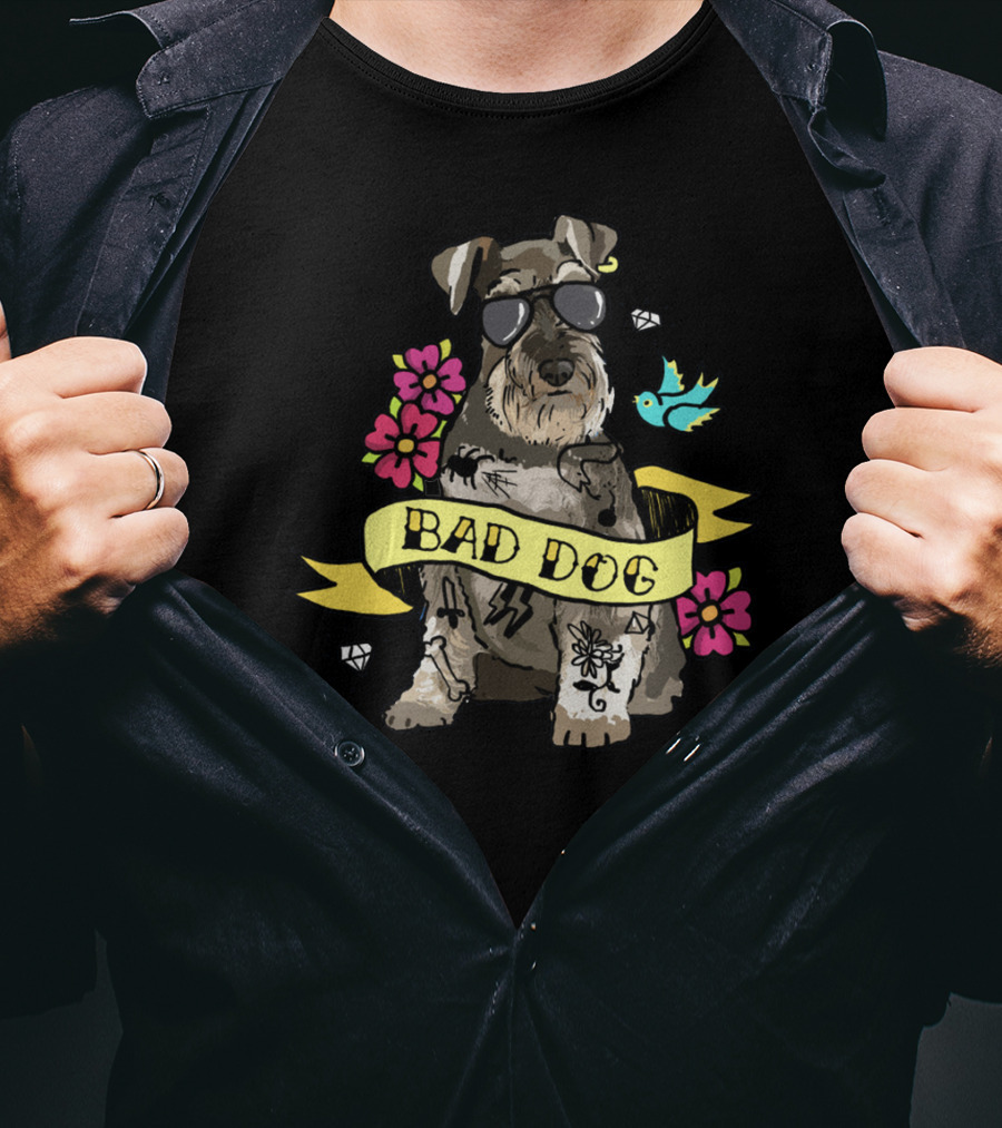Schnauzer Bad Dog Tattoo Style With Flowers And Bird T-Shirt
