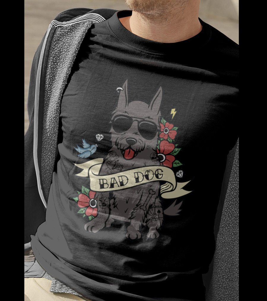 SCOTTIE BAD DOG Sunglasses Tattoo Diamond Red Flower Blue Bird Lightning T-Shirt