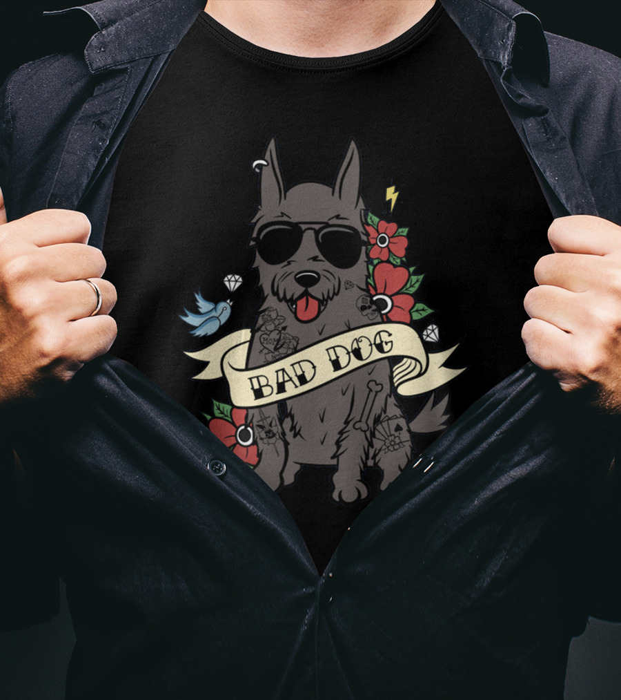 SCOTTIE BAD DOG Sunglasses Tattoo Diamond Red Flower Blue Bird Lightning T-Shirt