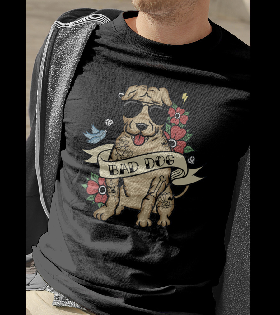 Shar Pei Bad Dog With Sunglasses Tattoos Flowers And Lightning T-Shirt