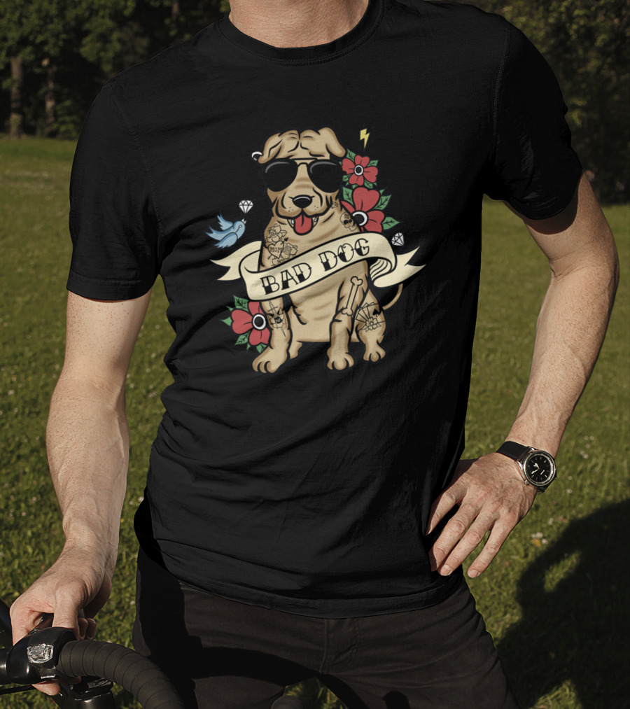 Shar Pei Bad Dog With Sunglasses Tattoos Flowers And Lightning T-Shirt