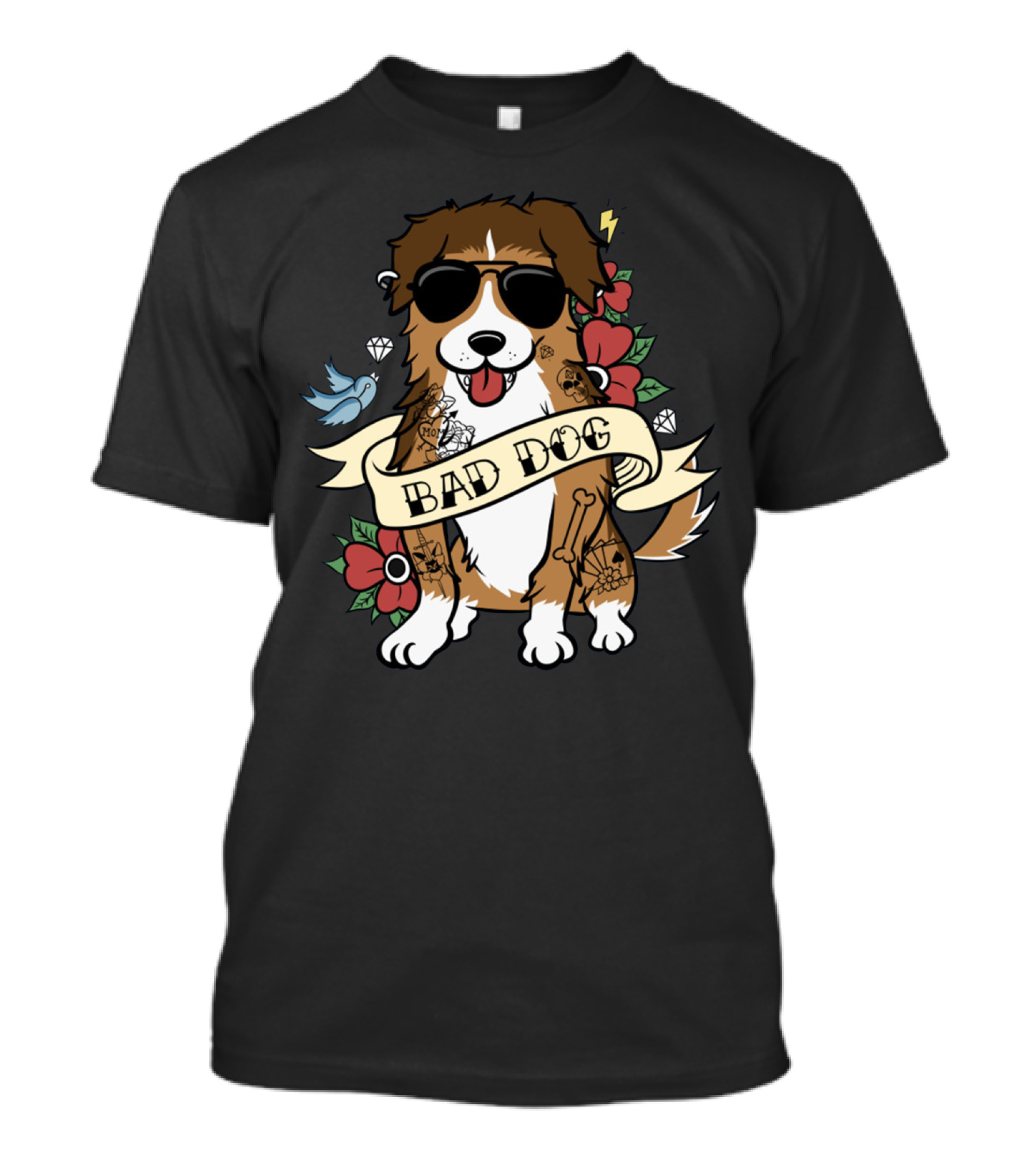 Sheltie Bad Dog Tattoo Style Sunglasses Flowers Diamonds Bone T-Shirt