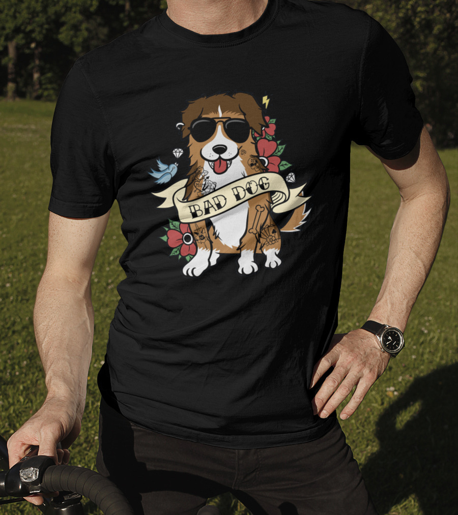 Sheltie Bad Dog Tattoo Style Sunglasses Flowers Diamonds Bone T-Shirt
