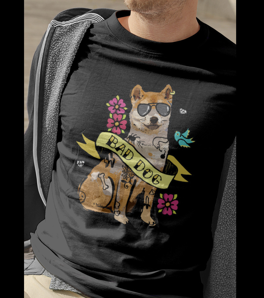 Shiba Inu Bad Dog With Sunglasses And Tattoos Ribbon Art Flowers Bird Diamond T-Shirt