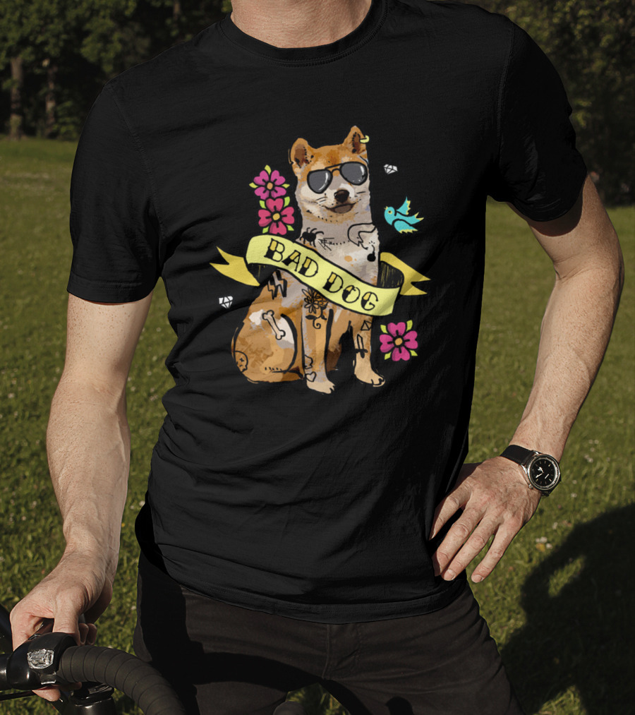 Shiba Inu Bad Dog With Sunglasses And Tattoos Ribbon Art Flowers Bird Diamond T-Shirt