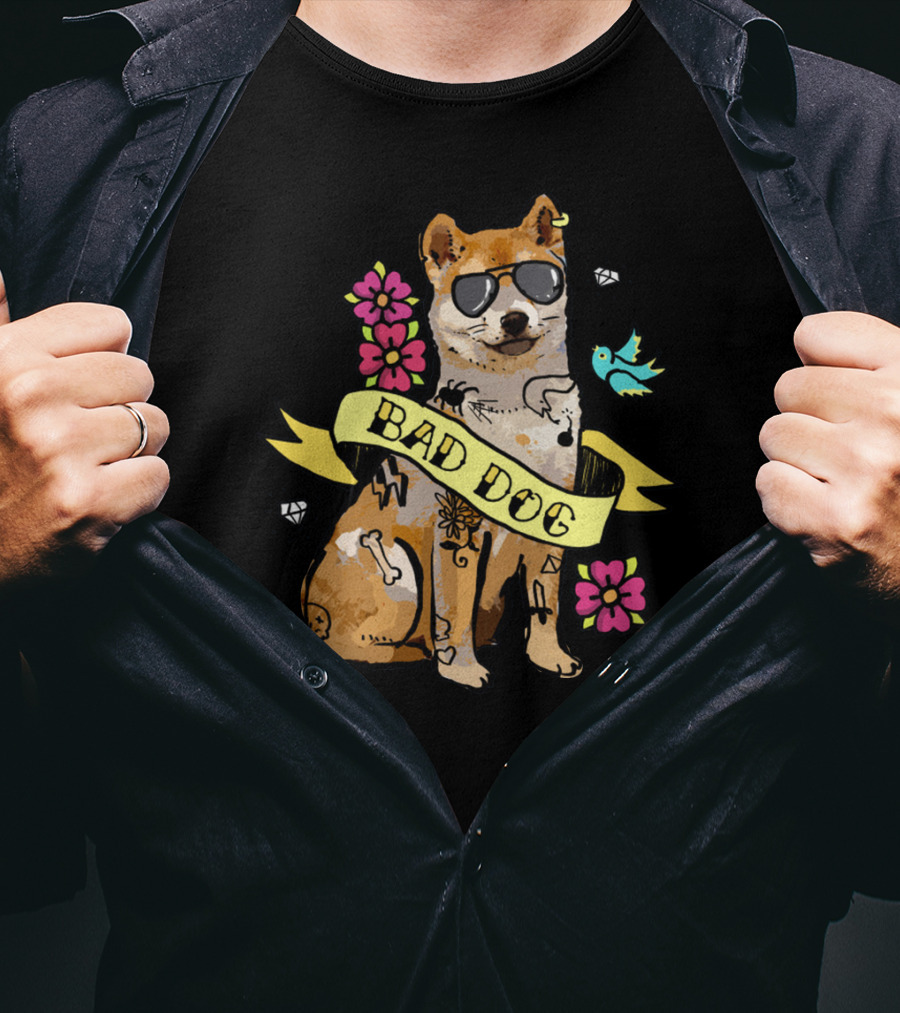 Shiba Inu Bad Dog With Sunglasses And Tattoos Ribbon Art Flowers Bird Diamond T-Shirt