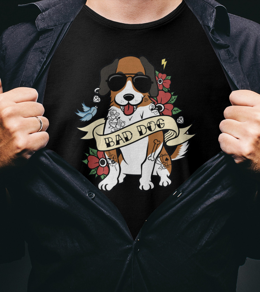 St Bernard Bad Dog Sunglasses Tattoo Flowers Bird Lightning Jewelry T-Shirt
