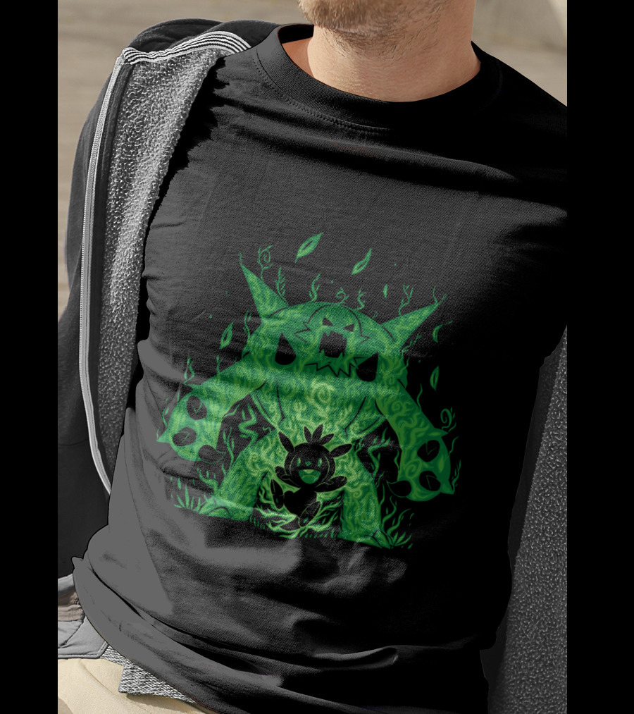 Pokemon Evolution Chesnaught Chespin Silhouette Glowing Green Flames T-Shirt