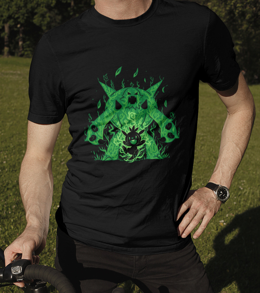 Pokemon Evolution Chesnaught Chespin Silhouette Glowing Green Flames T-Shirt