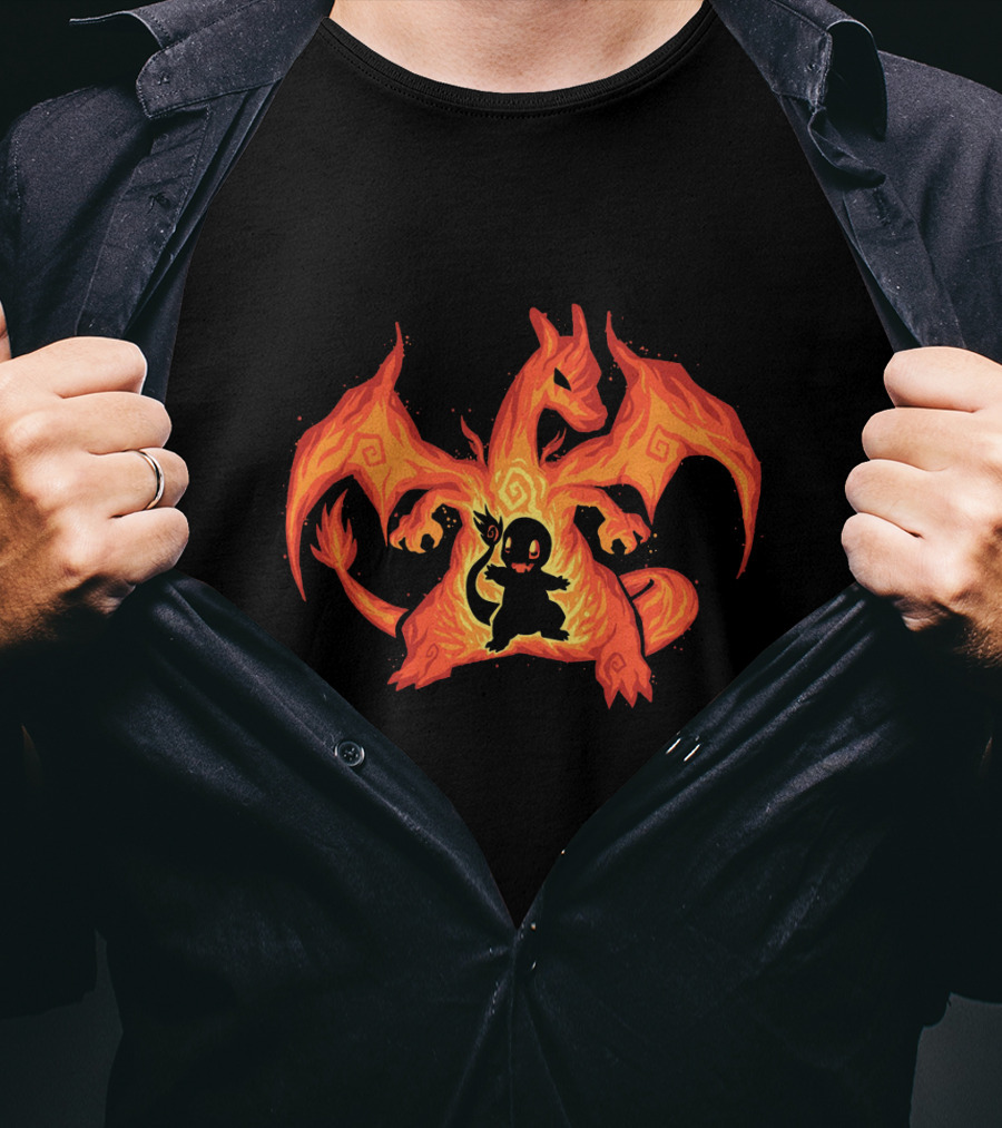 Evolution Charizard And Charmander Pokemon Fire Transformation T-Shirt
