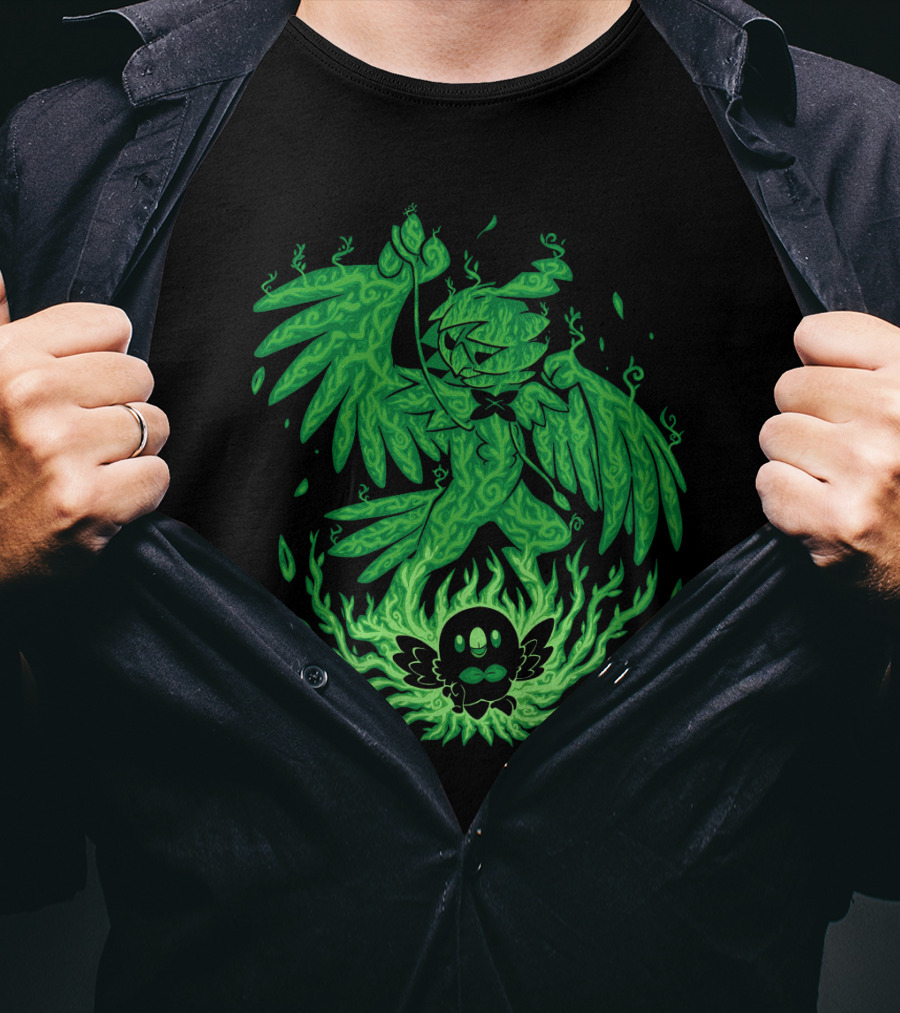 Evolution Pokemon Decidueye Rowlet Ghostly Green Flames T-Shirt