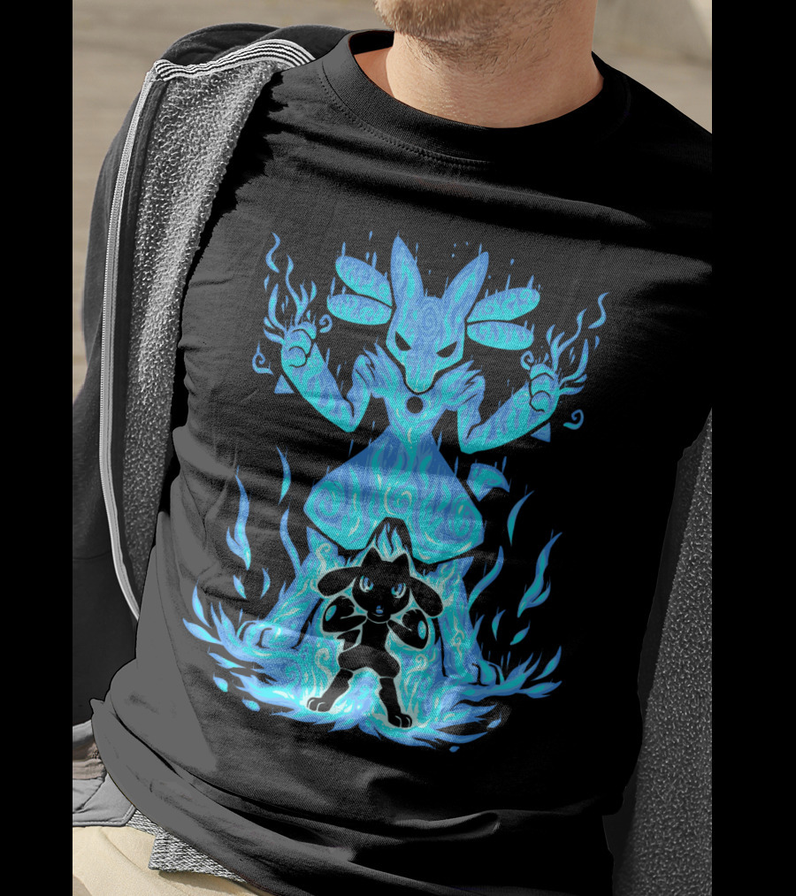 Evolution Pokemon Lucario Riolu Aura Flames T-Shirt