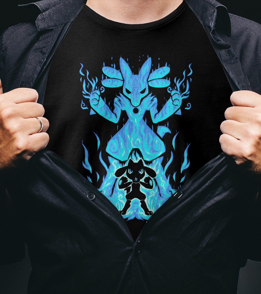Evolution Pokemon Lucario Riolu Aura Flames T-Shirt