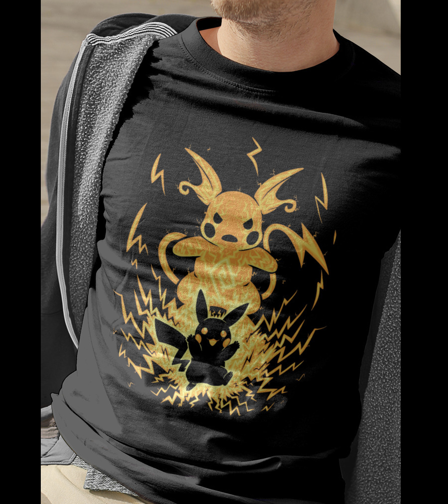 Evolution Pokemon Raichu With Pikachu And Lightning Background T-Shirt