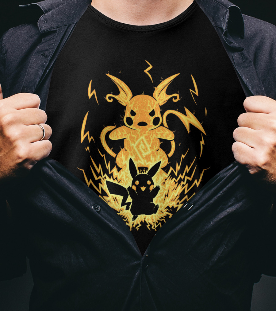 Evolution Pokemon Raichu With Pikachu And Lightning Background T-Shirt