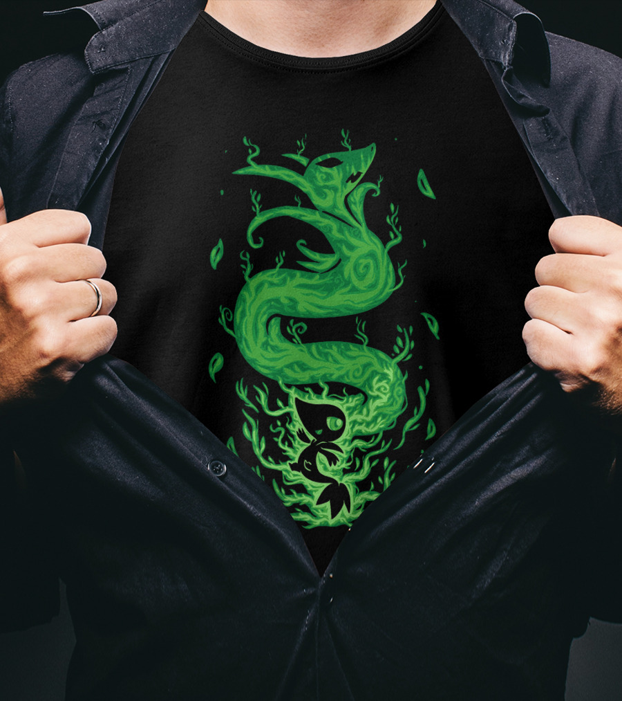 Evolution Pokemon Serperior Coiled Green Flames With Leaves T-Shirt