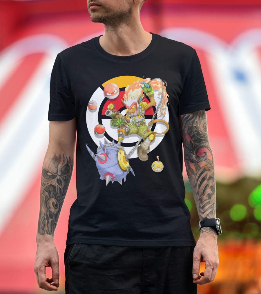 POKEMON X OVERWATCH INFERNAPE AND JUNKRAT MASHUP WITH POKEBALLS AND TEAM EMBLEM T-Shirt