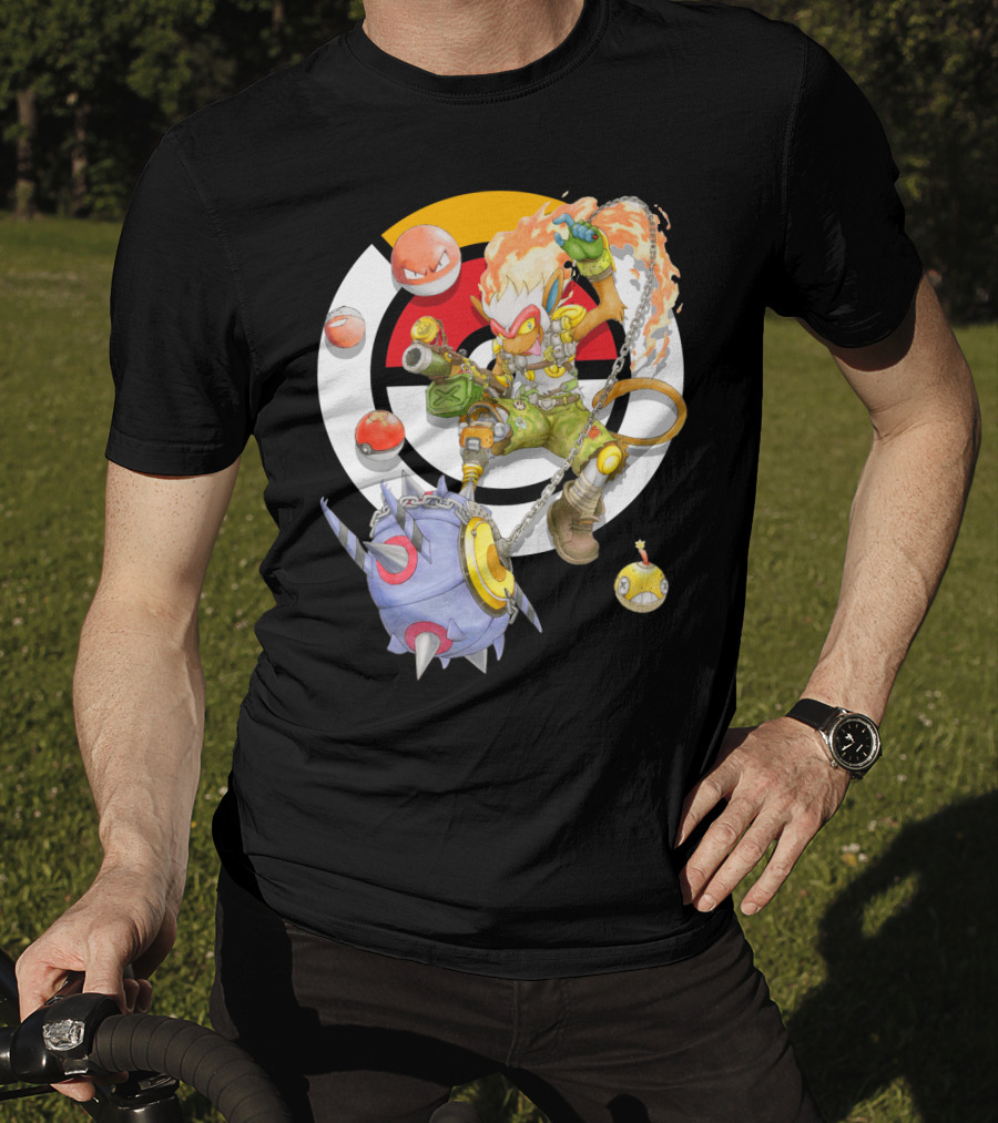 Pokemon X Overwatch Infernape And Junkrat Mashup With Pokeballs And Team Emblem T-Shirt