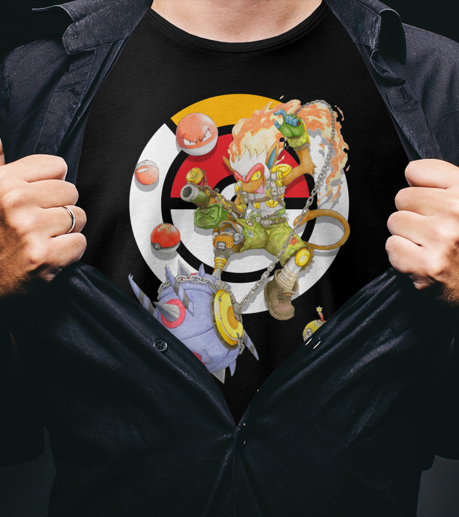 Pokemon X Overwatch Infernape And Junkrat Mashup With Pokeballs And Team Emblem T-Shirt