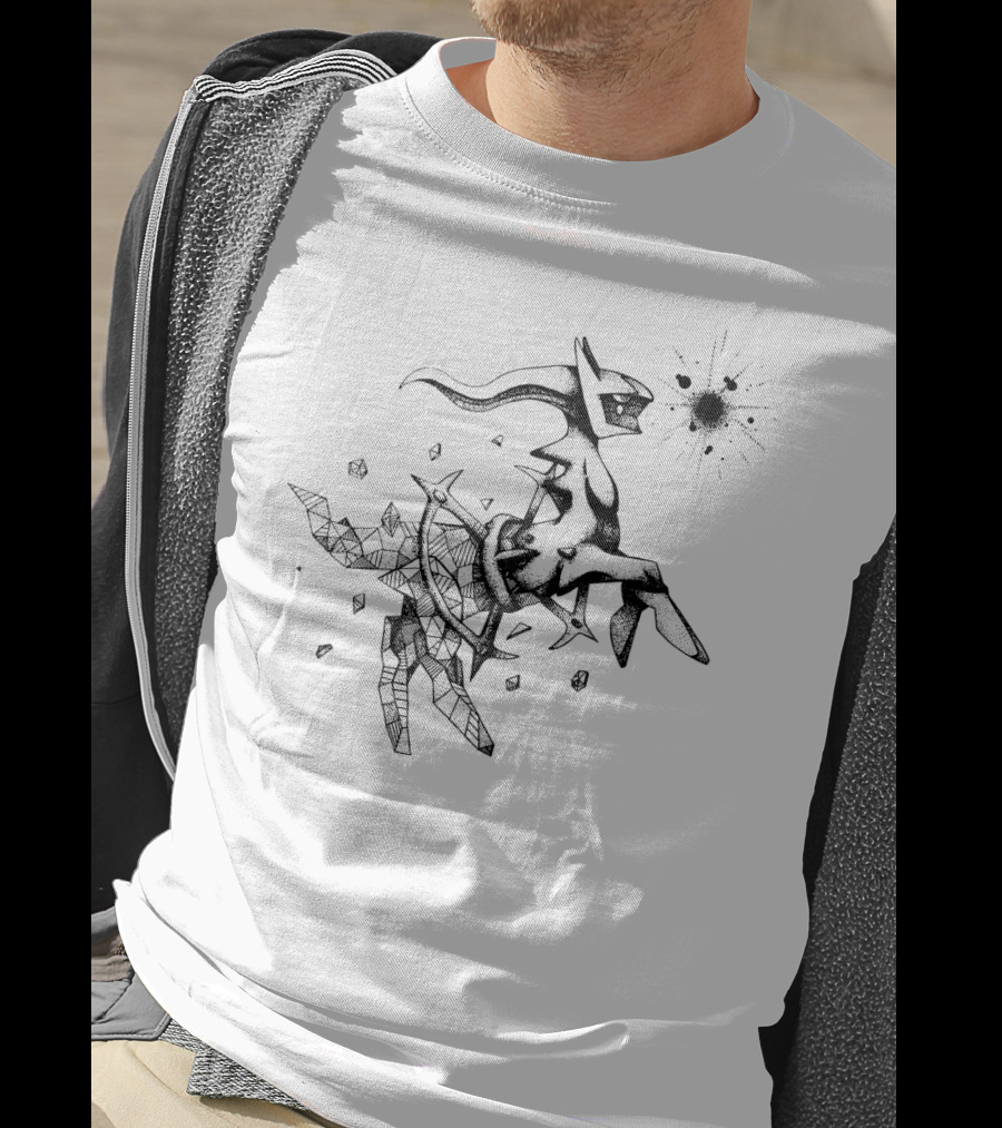 Geometric Pokemon Arceus Monochrome Ink Sketch With Abstract Fragmentation Elements T-Shirt