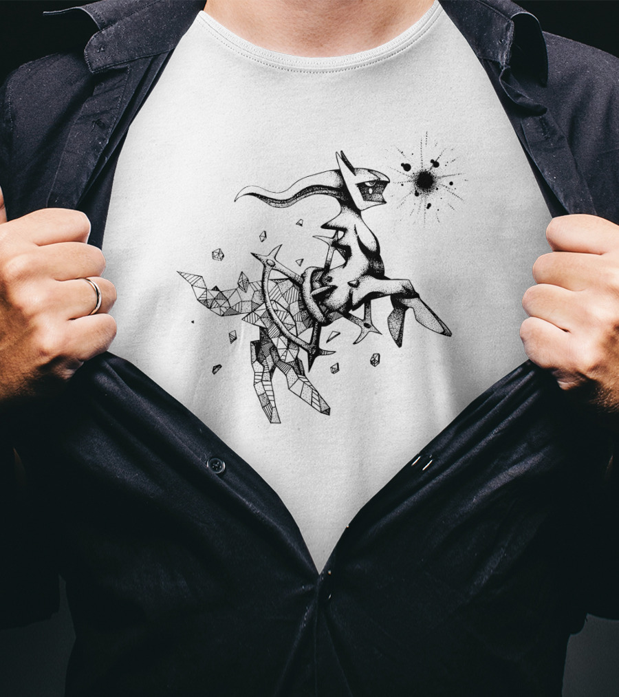 Geometric Pokemon Arceus Monochrome Ink Sketch With Abstract Fragmentation Elements T-Shirt