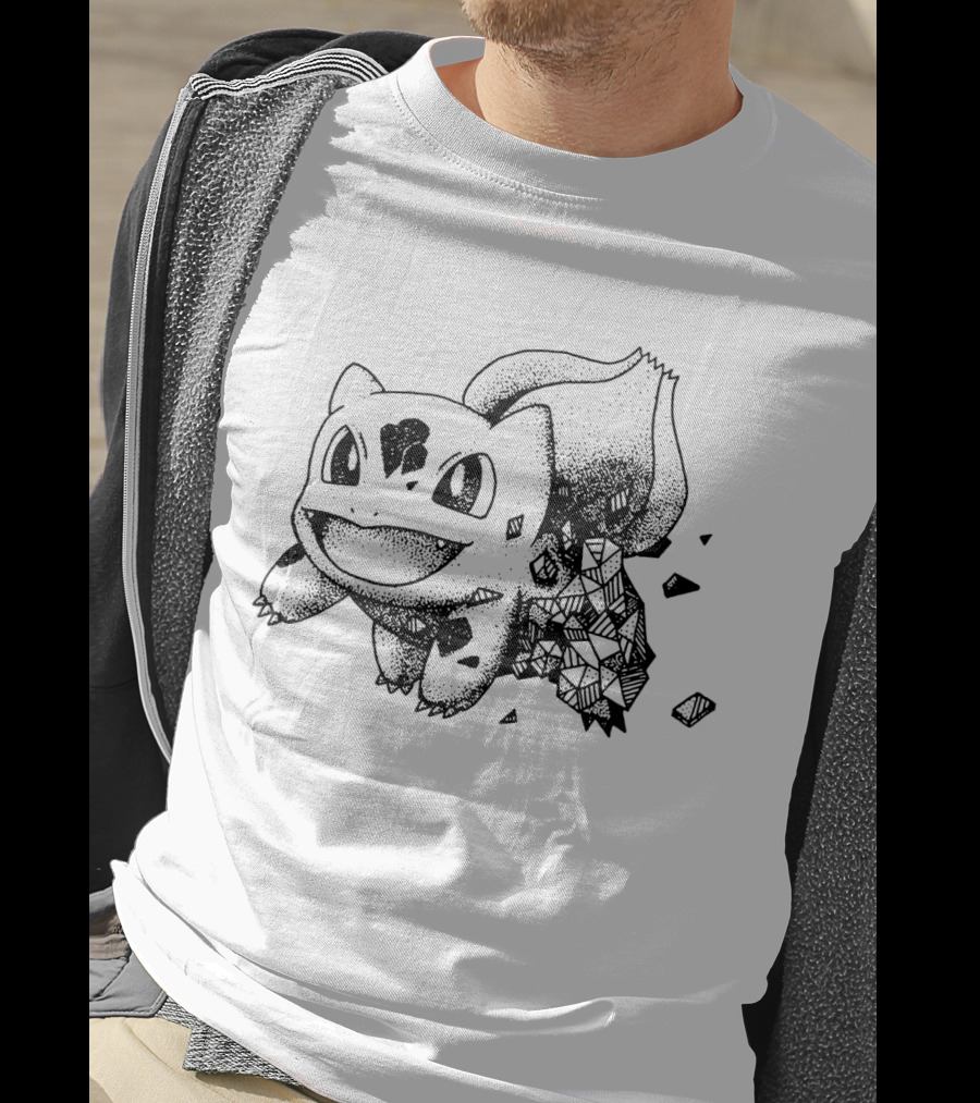 Geometric Pokemon Bulbasaur Pixel Art Style Black And White Pokedex Creature Digital Cubes T-Shirt