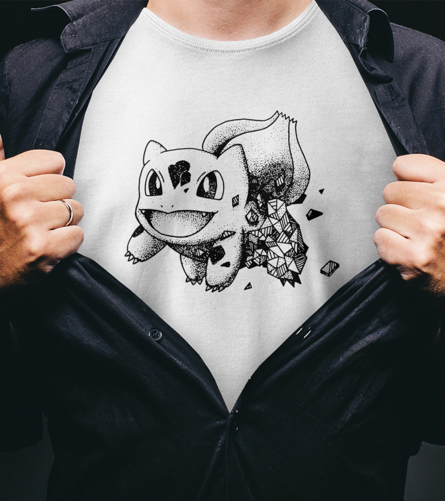 Geometric Pokemon Bulbasaur Pixel Art Style Black And White Pokedex Creature Digital Cubes T-Shirt