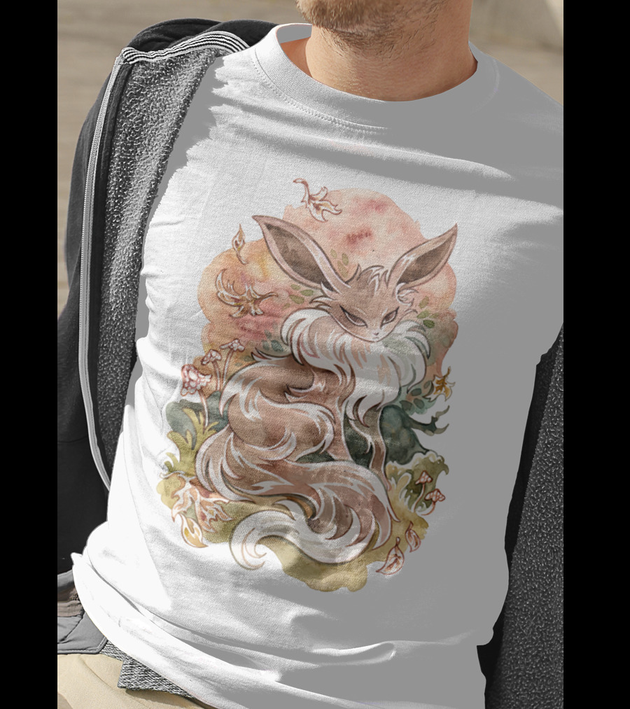Watercolor Pokemon Eevee With Autumn Leaves And Flowers T-Shirt