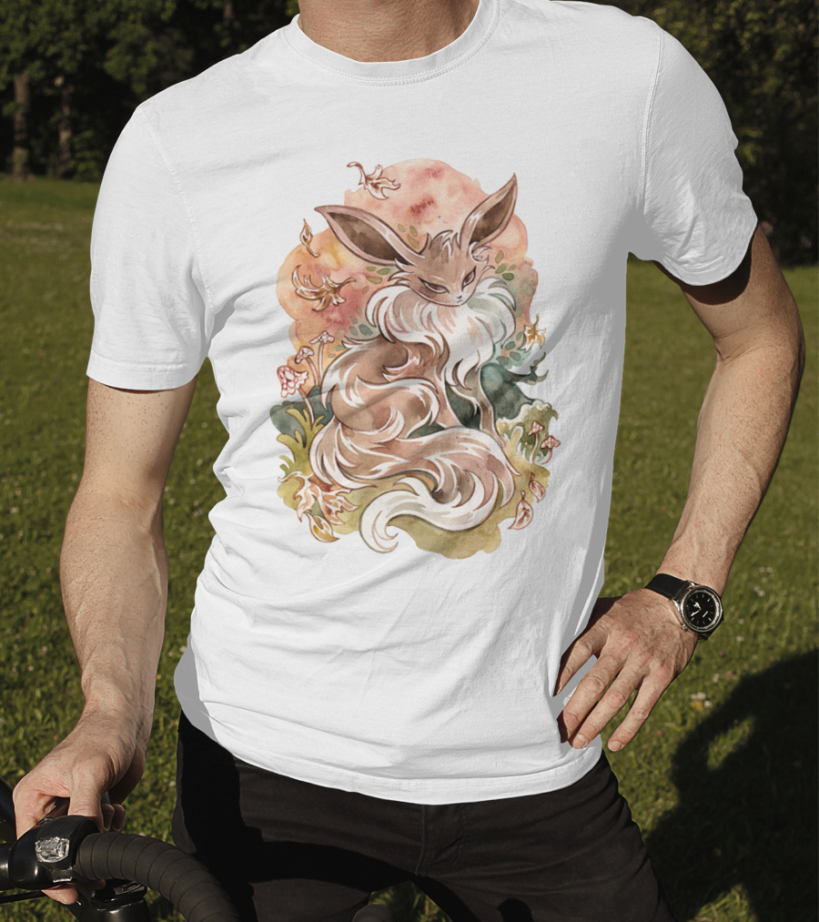 Watercolor Pokemon Eevee With Autumn Leaves And Flowers T-Shirt