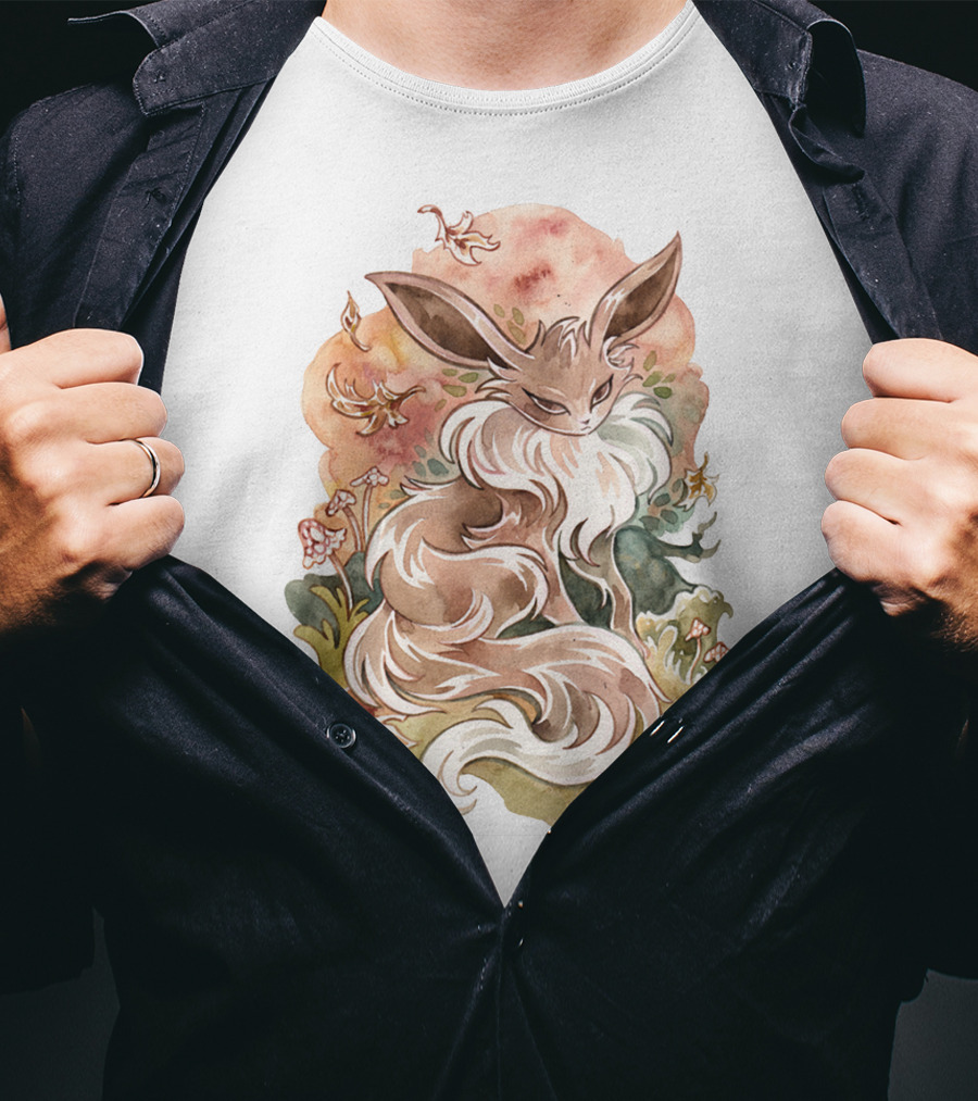 Watercolor Pokemon Eevee With Autumn Leaves And Flowers T-Shirt