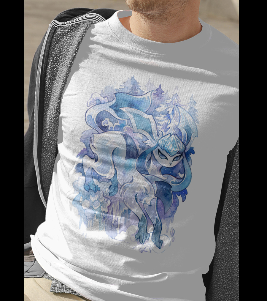 Watercolor Pokemon Glaceon Snowy Forest Background T-Shirt