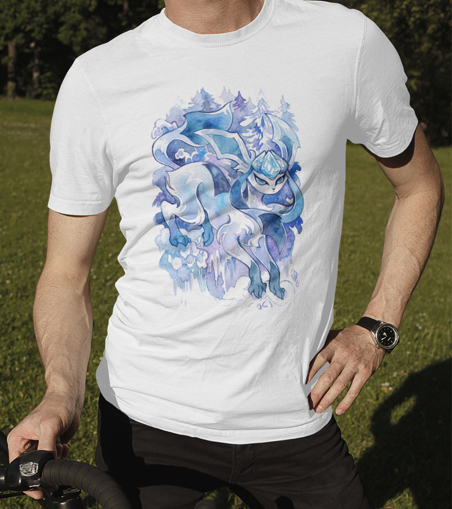 Watercolor Pokemon Glaceon Snowy Forest Background T-Shirt
