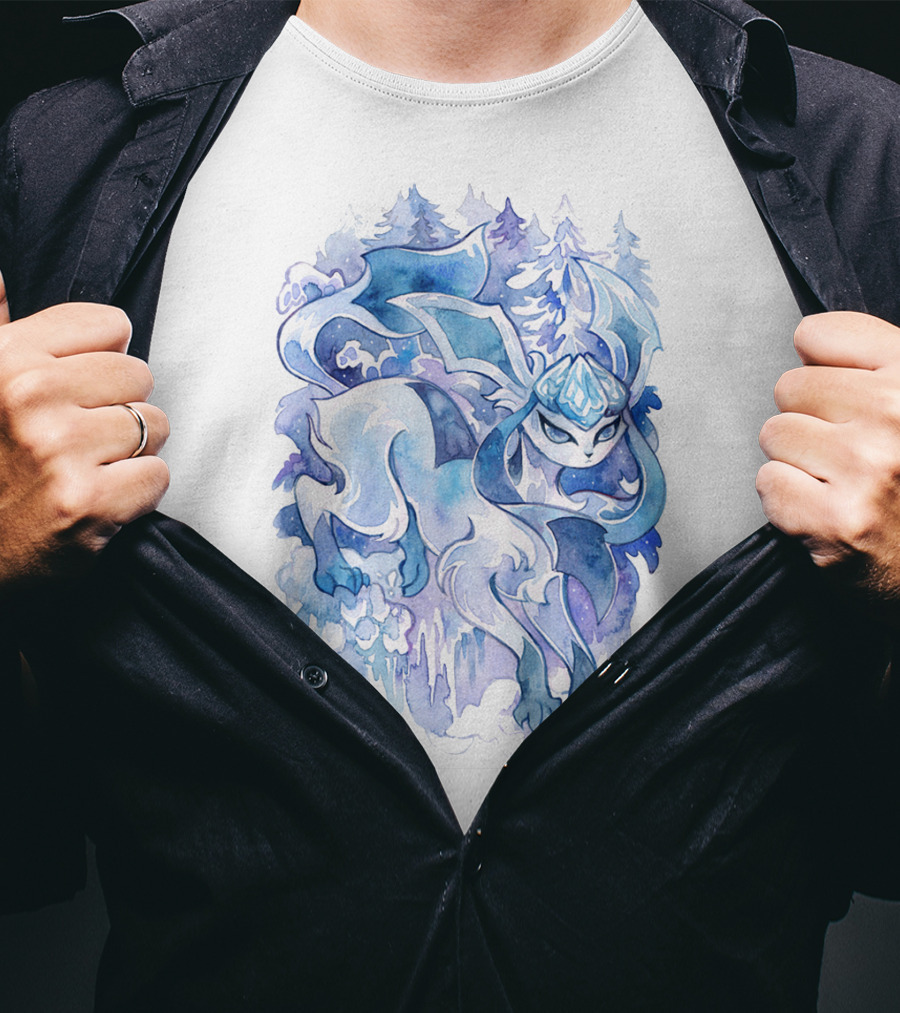 Watercolor Pokemon Glaceon Snowy Forest Background T-Shirt