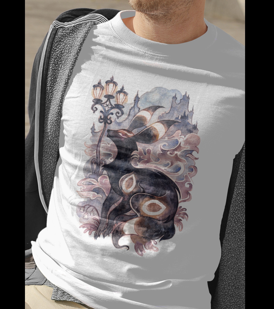 Watercolor Pokemon Umbreon Lamppost Castle Sky Background T-Shirt