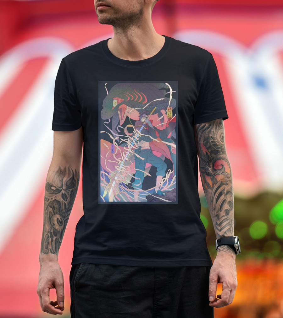 Kisame Sword Wielding Character with Giant Shark and Energy Swirls T-Shirt