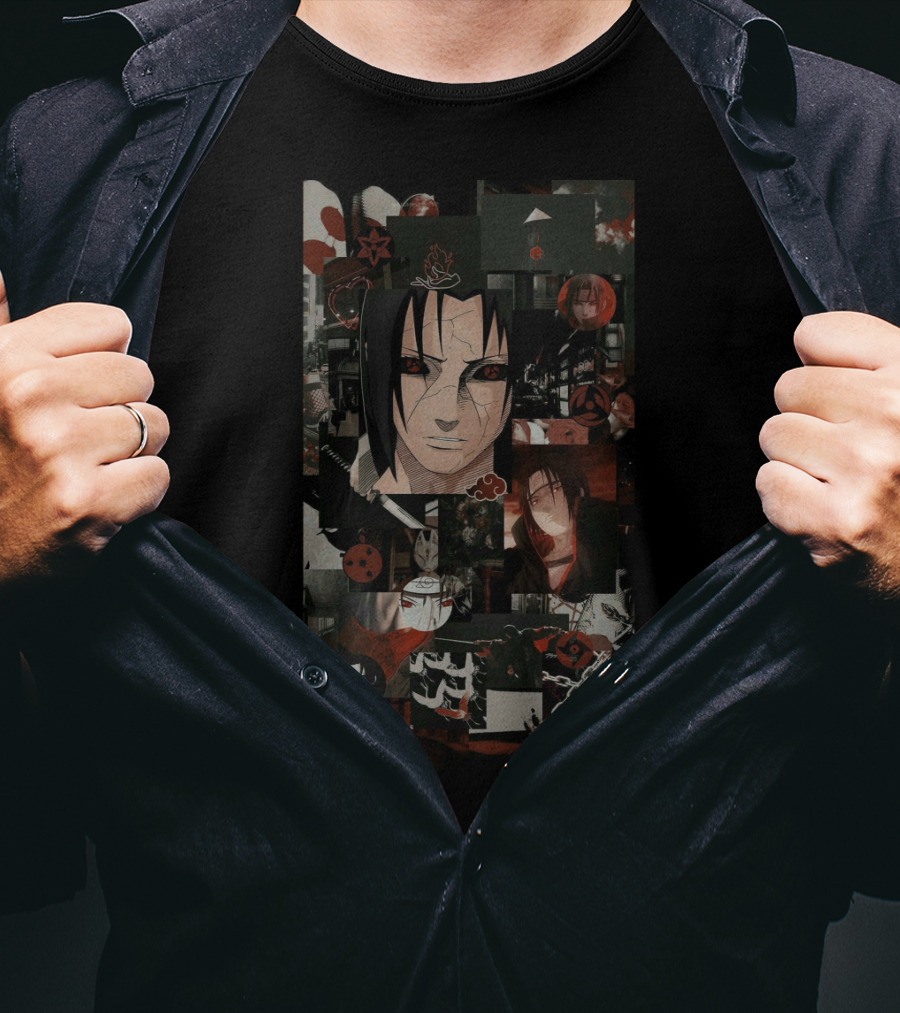 Uchiha Itachi Anime Character Collage With Sharingan And Akatsuki Symbols T-Shirt