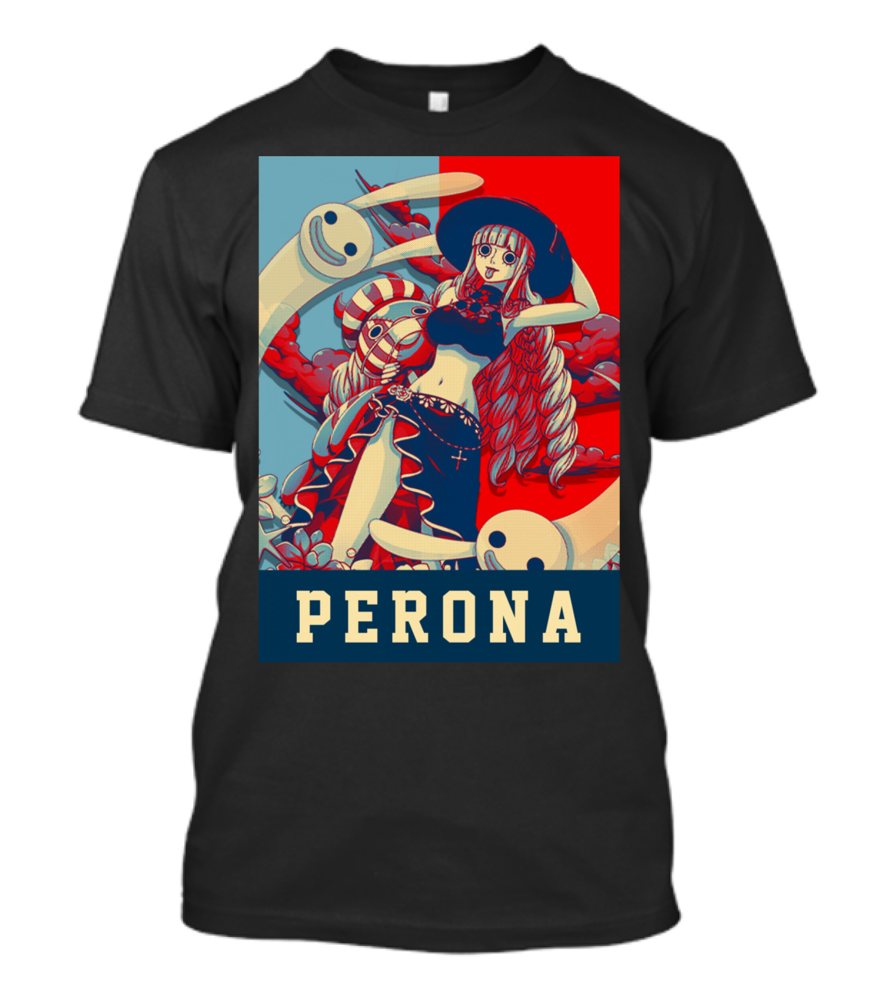 Perona One Piece Manga Anime Character With Ghosts And Red Blue Split Background T-Shirt