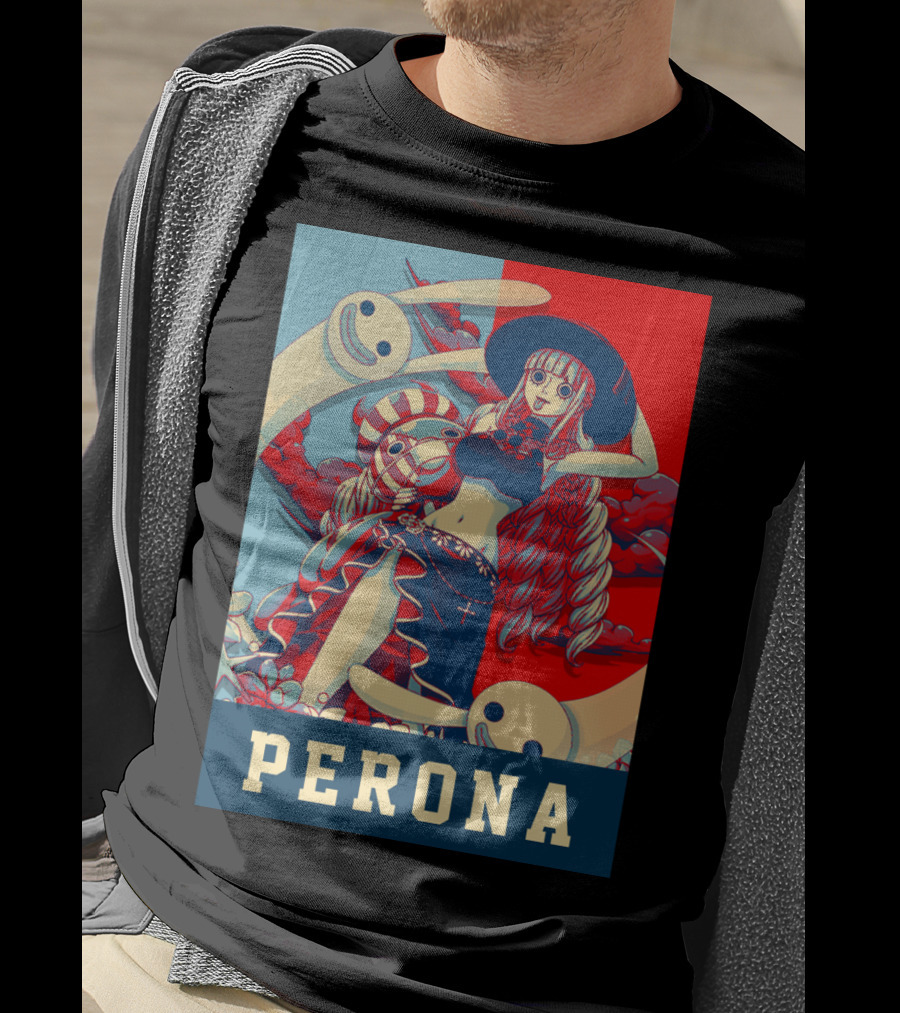 Perona One Piece Manga Anime Character With Ghosts And Red Blue Split Background T-Shirt