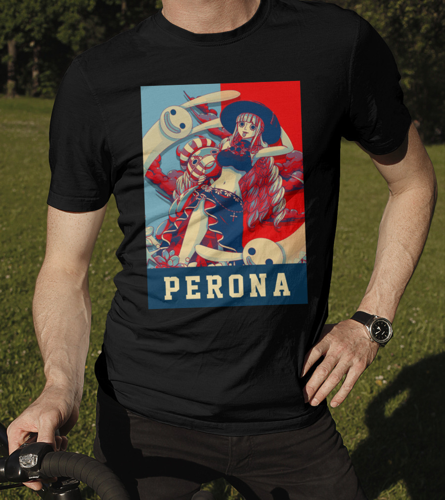 Perona One Piece Manga Anime Character With Ghosts And Red Blue Split Background T-Shirt