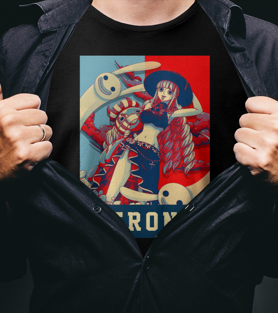 Perona One Piece Manga Anime Character With Ghosts And Red Blue Split Background T-Shirt