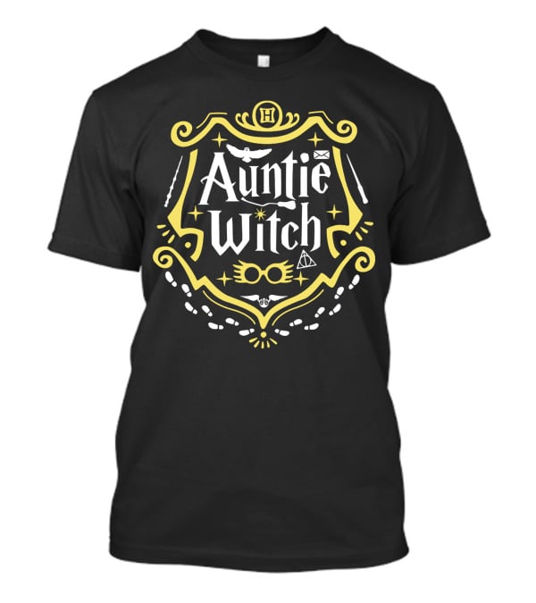Auntie Witch H Badge Owls Snitch Hallows Wands Glasses Paw Prints Crest T-Shirt