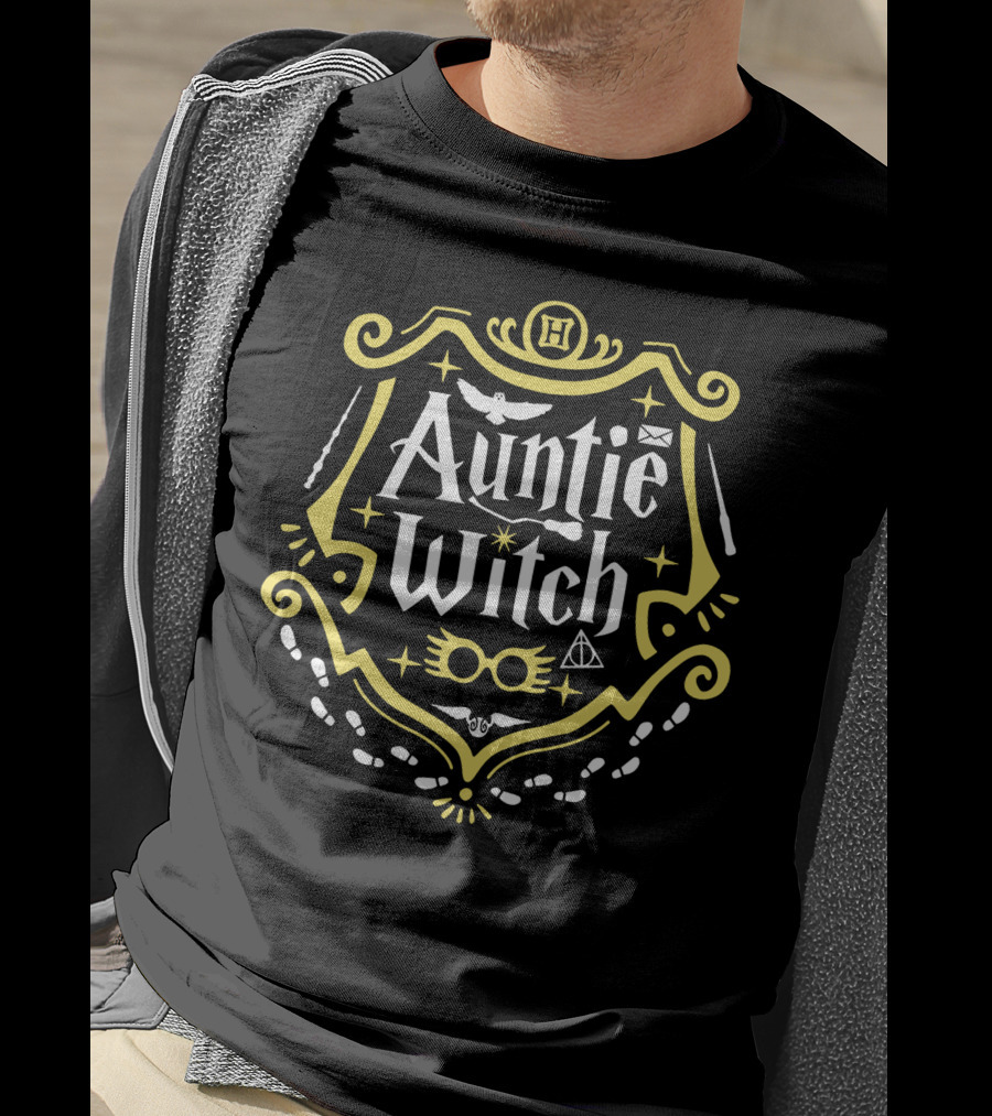Auntie Witch H Badge Owls Snitch Hallows Wands Glasses Paw Prints Crest T-Shirt