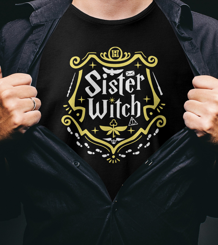 Sister Witch Hogwarts Inspired Crest With Owl Letter Magic Wands And Deathly Hallows T-Shirt