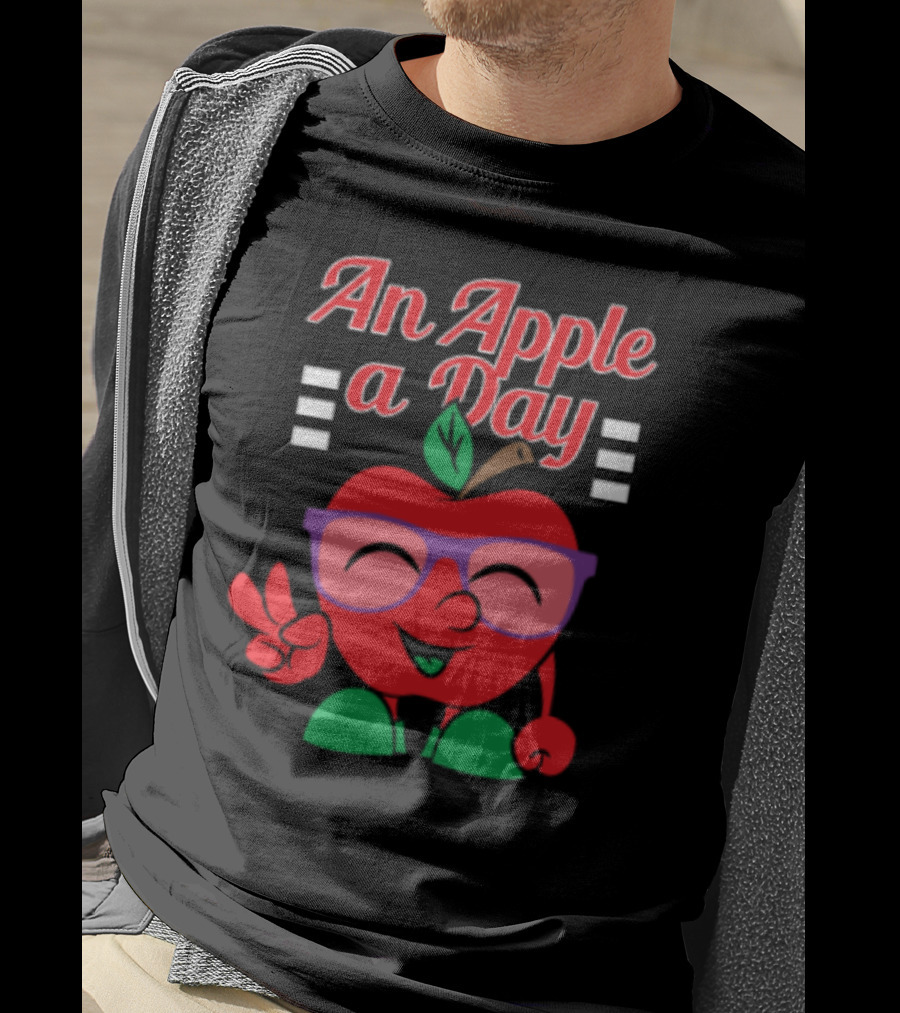 An Apple A Day Smiling Cartoon Apple With Glasses And Peace Sign T-Shirt