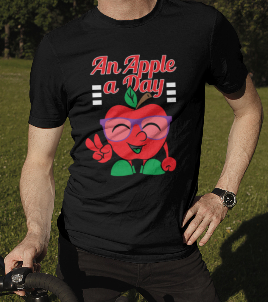 An Apple A Day Smiling Cartoon Apple With Glasses And Peace Sign T-Shirt