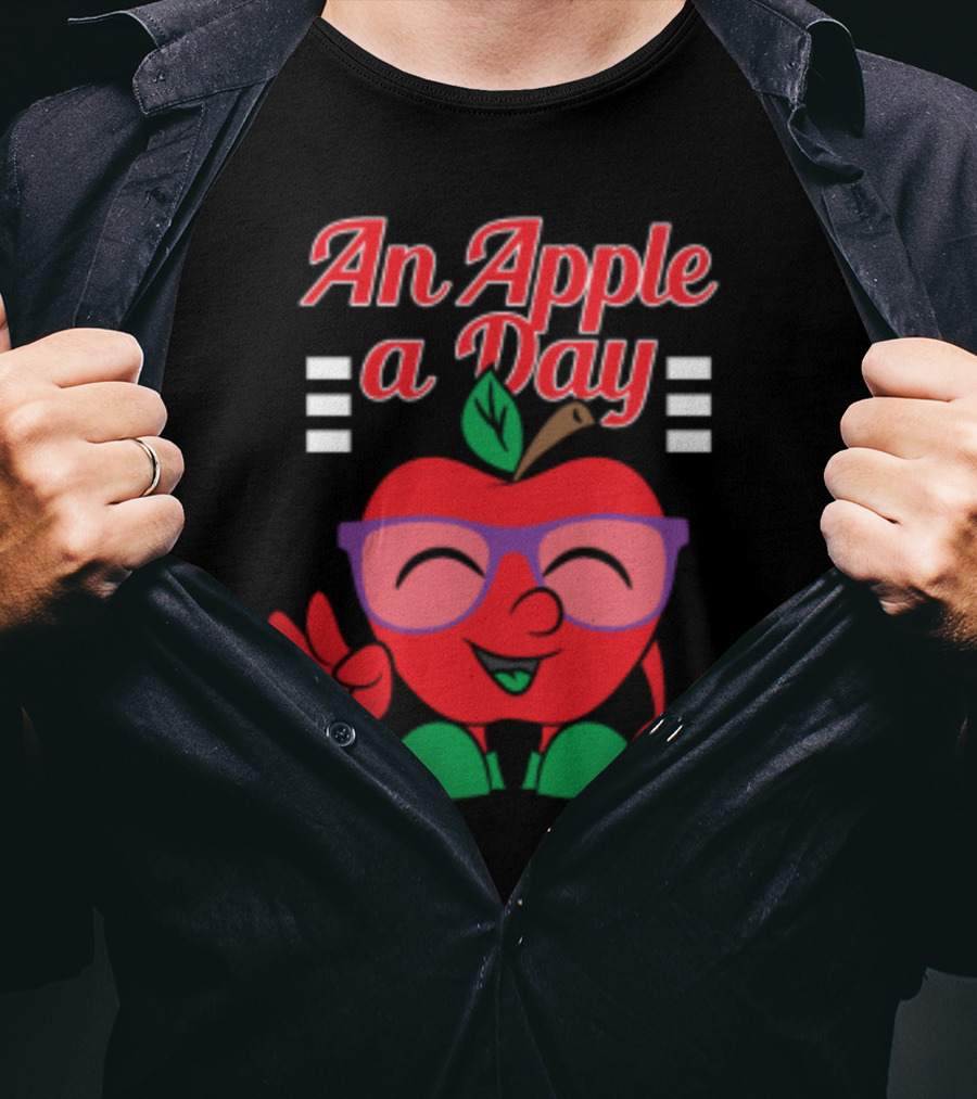 An Apple A Day Smiling Cartoon Apple With Glasses And Peace Sign T-Shirt
