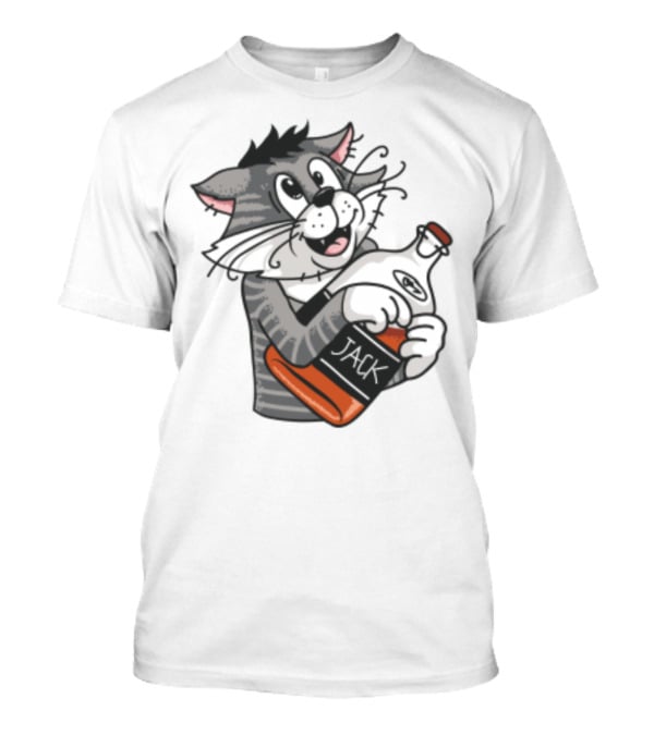 Jack Whiskey Cat Hugging Bottle Playful Striped Kitty Character T-Shirt
