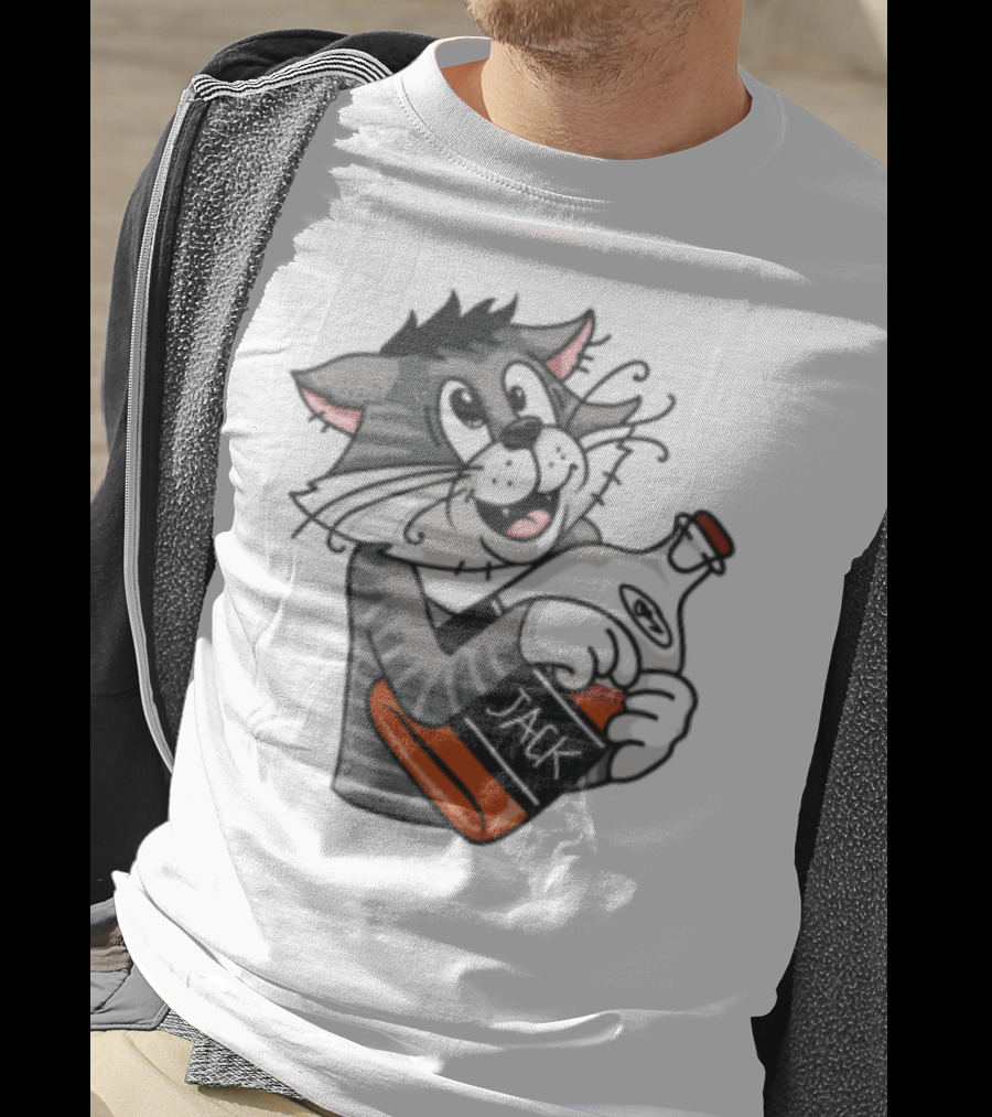Jack Whiskey Cat Hugging Bottle Playful Striped Kitty Character T-Shirt