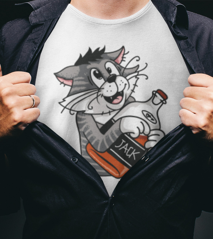 Jack Whiskey Cat Hugging Bottle Playful Striped Kitty Character T-Shirt