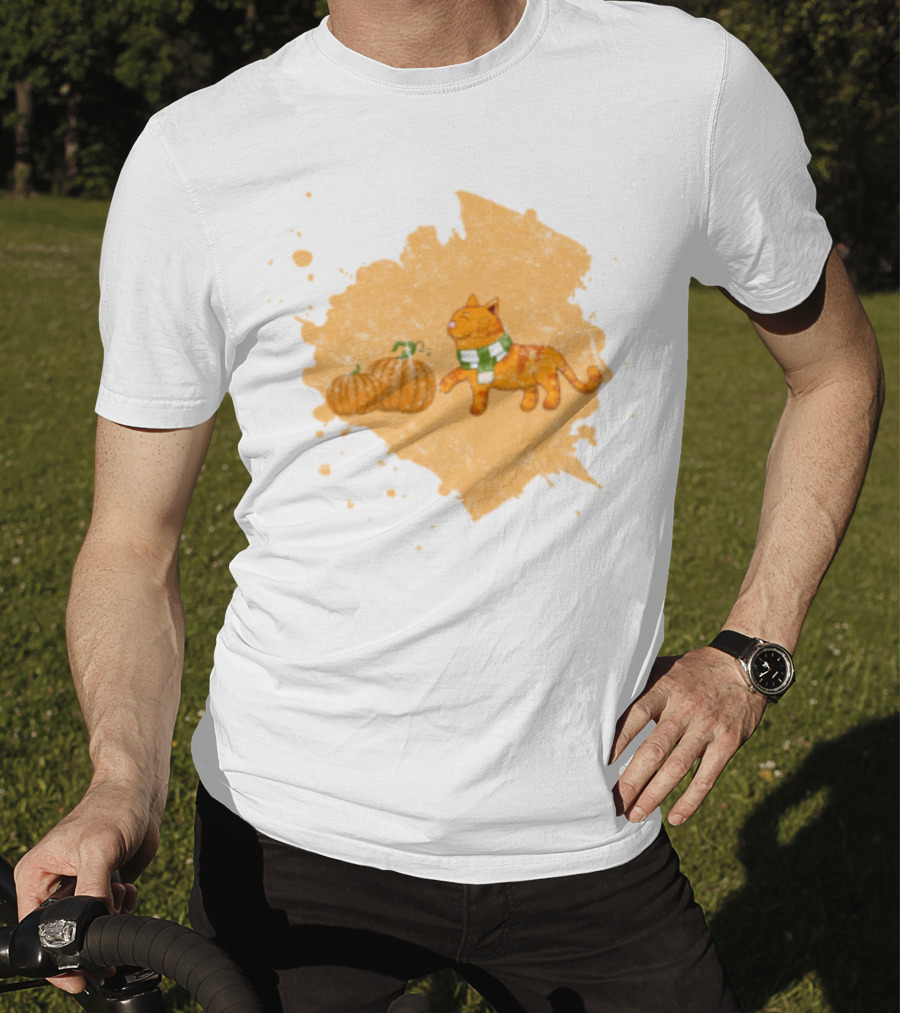 Kitty With Scarf And Pumpkins On Splash Background T-Shirt